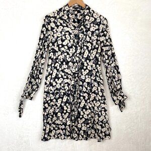 Derek Lam Dress Womens US 4 Black White Floral Poppy 100% Silk Tie Cuff Pleated